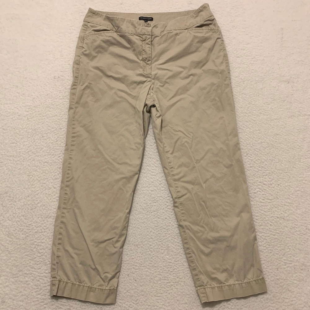 Eileen Fisher Khaki Chino Pants Size 12 (34x25) Straight Leg Tan Cotton Trousers